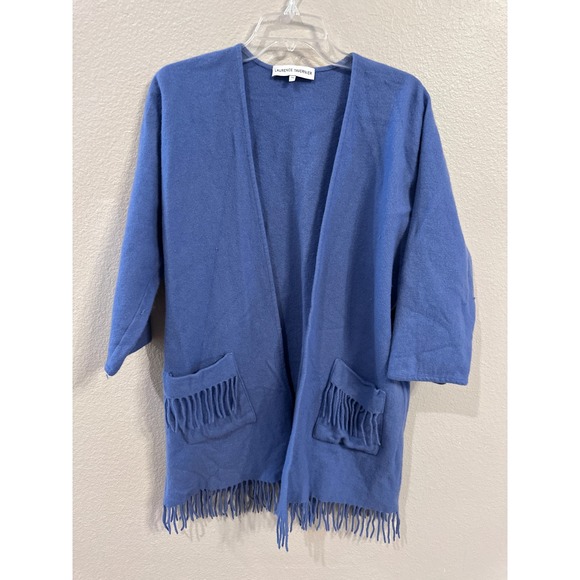 Laurence Tavernier Wool Cardigan Fringe Pockets Open Front Blue TU‎